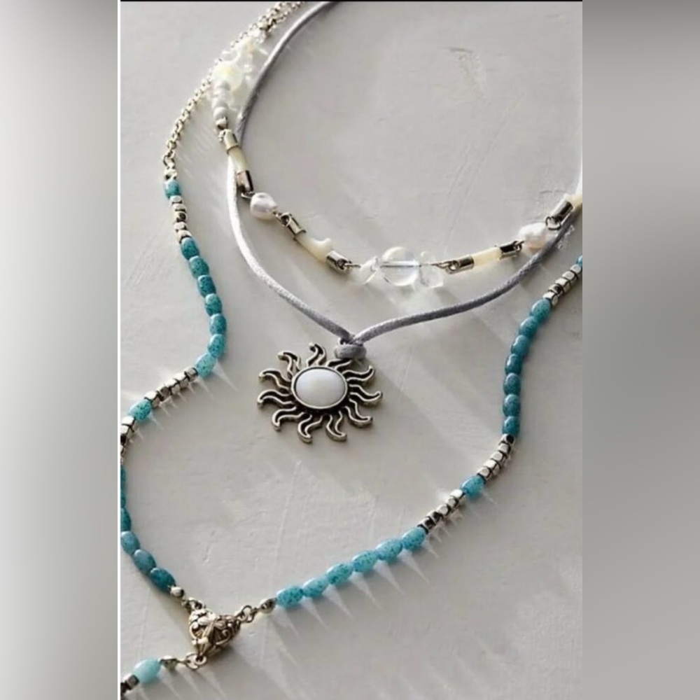 Free People One With The Sun Blue Layered Necklace Sunburst Pendant Beaded Chain - Picture 5 of 13